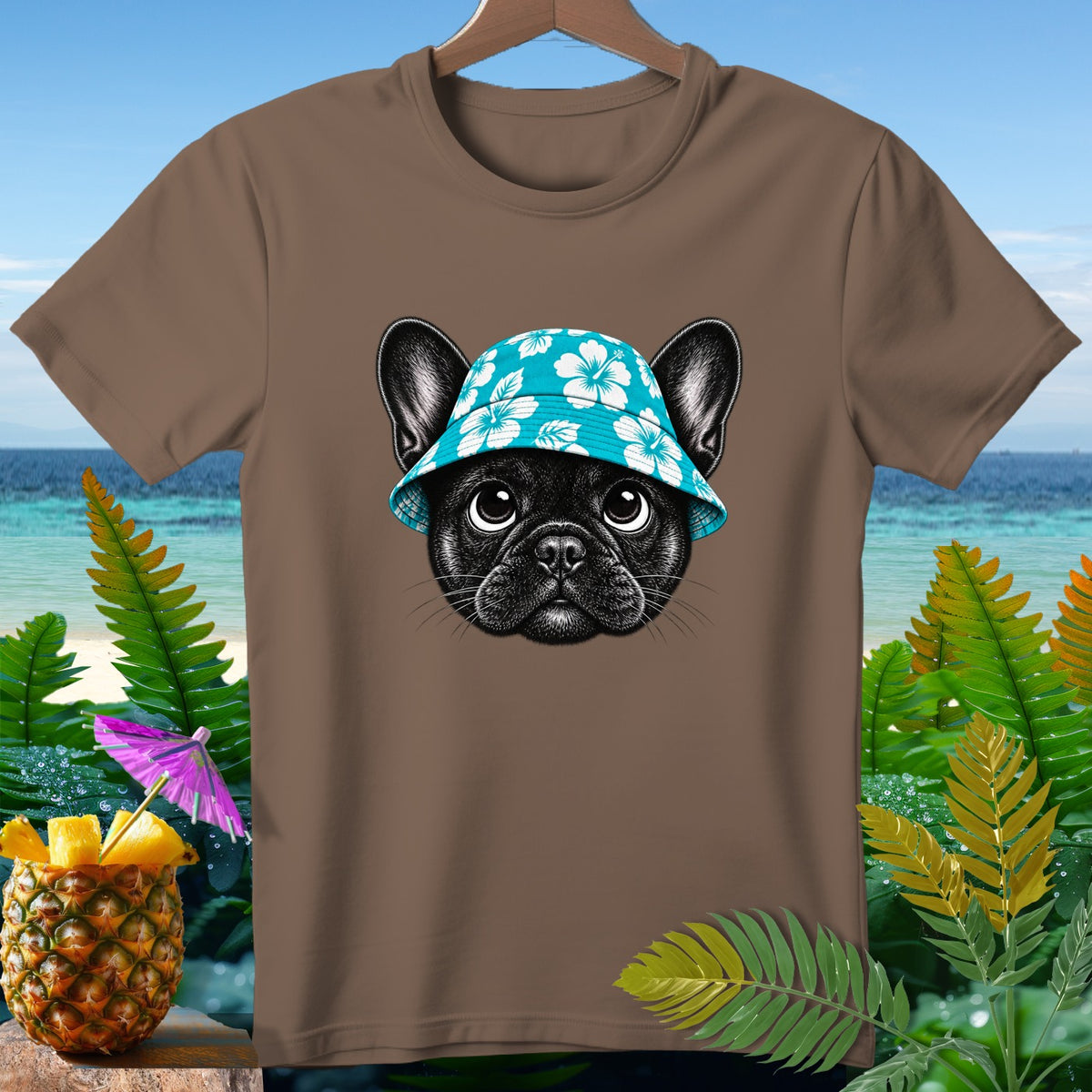 Brown t-shirt with a black French bulldog wearing a blue floral hat.