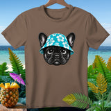 Brown t-shirt with a black French bulldog wearing a blue floral hat.