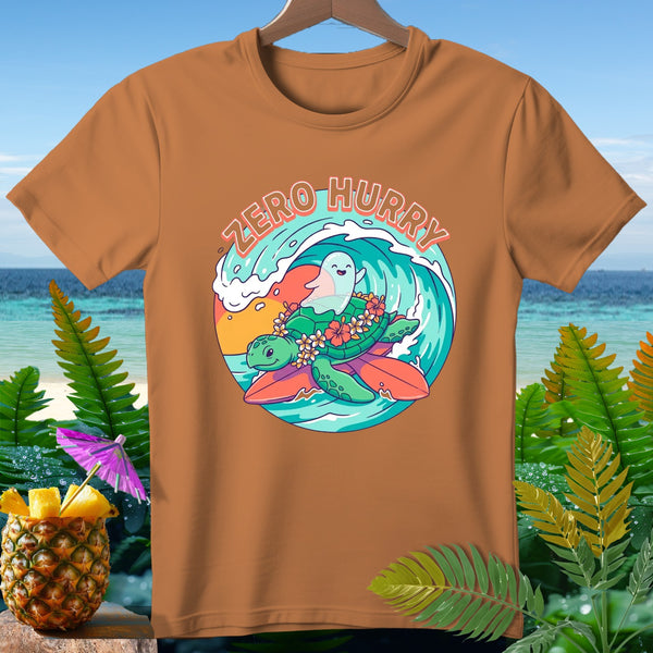 Orange t-shirt with graphic of turtle and ghost surfing wave, text "ZERO HURRY".