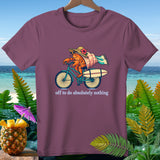 Cartoon lobster on bicycle with surfboard and text 