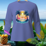 Long-sleeved shirt with palm trees, sunset, and text 