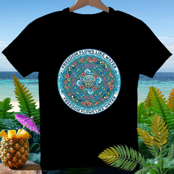 Black t-shirt with circular "Freedom Flows Like Water Aloha America 250" design.