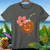 Gray t-shirt with a carved coconut jack-o'-lantern, flower, straw, and text 