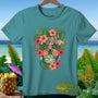 Teal t-shirt with a floral skull design and tropical foliage.