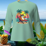 Cartoon cat in sunglasses relaxes on a beach chair with a drink.