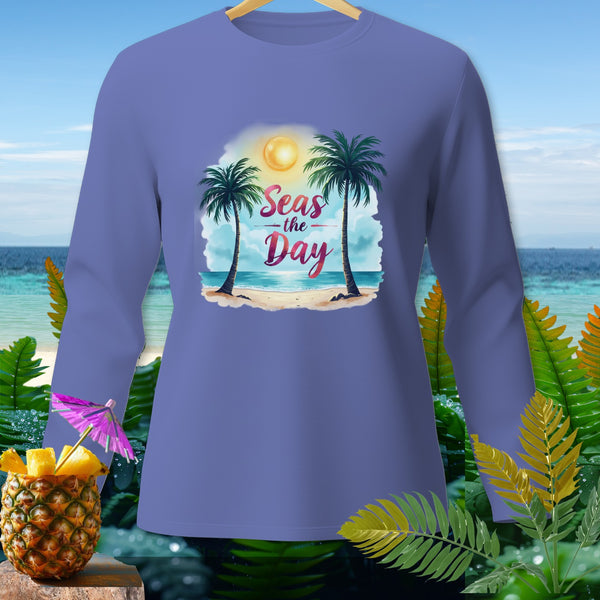 Purple long-sleeve shirt with "Seas the Day" text and beach graphic.