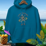 Teal hoodie with a skeleton hula hooping and text 