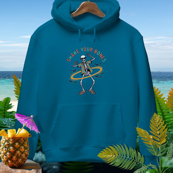 Teal hoodie with a skeleton hula hooping and text "SHAKE YOUR BONES."