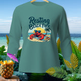 Teal long-sleeve shirt with lobster graphic saying 
