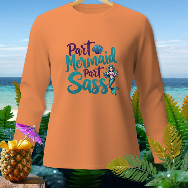 Orange long-sleeve shirt with "Part Mermaid Part Sass" text and a mermaid.