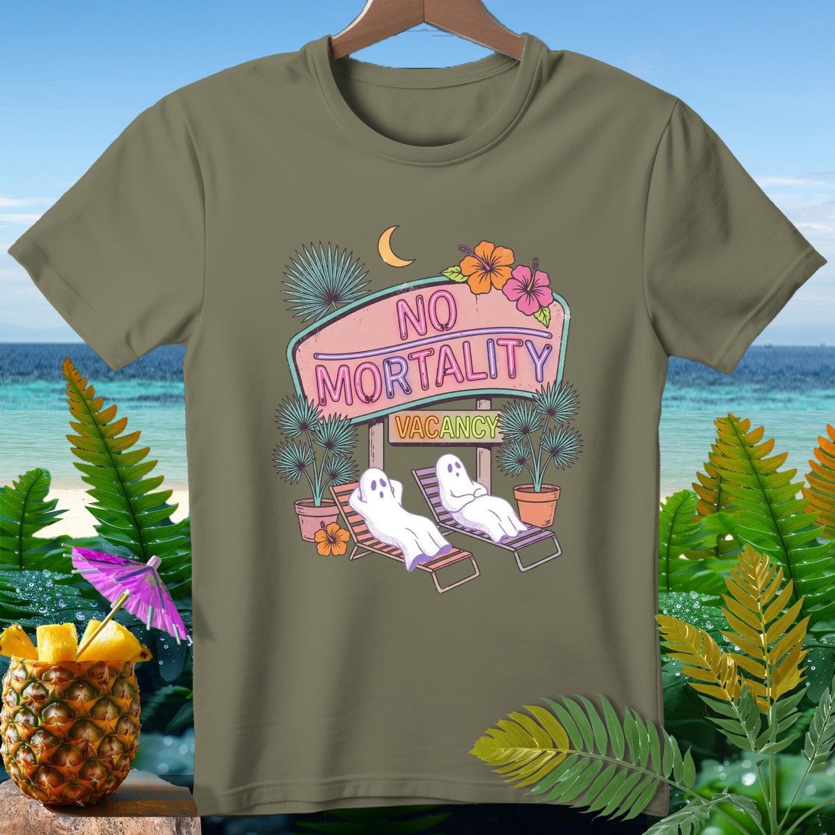 T-shirt with "No Mortality Vacancy" neon sign and ghosts on lounge chairs.