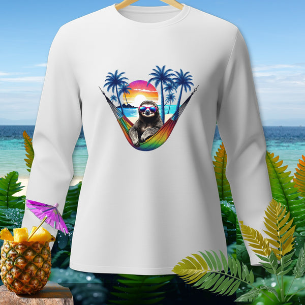 White long-sleeve shirt with graphic of sloth in a hammock on tropical beach sunset.