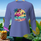 Flamingo wearing sombrero with maracas on beach with text Flamingo's FIESTA.