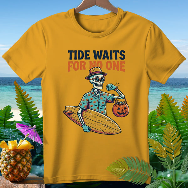 Skeleton surfer with surfboard and pumpkin candy bucket, text "Tide Waits For No One".