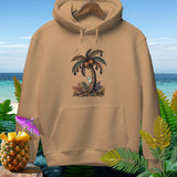 Tan hoodie with a Halloween-themed palm tree graphic featuring pumpkins and a ghost.