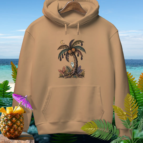 Tan hoodie with a Halloween-themed palm tree graphic featuring pumpkins and a ghost.