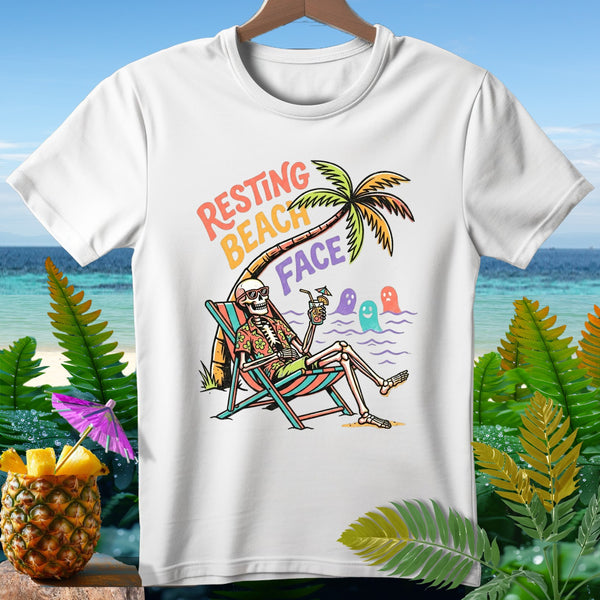 Skeleton on beach chair with "Resting Beach Face" text and three ghosts.