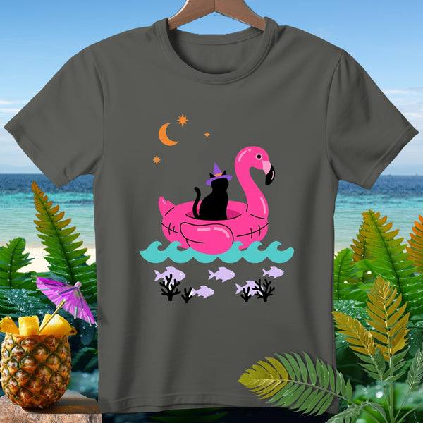 Black cat in witch hat on pink flamingo float, under moon and stars.