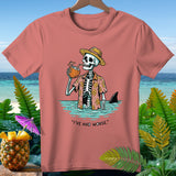 Skeleton in a Hawaiian shirt drinks from a coconut, with a shark fin nearby, and text.