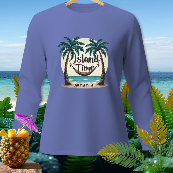 Purple long sleeve shirt with "Island Time All The Time" graphic.