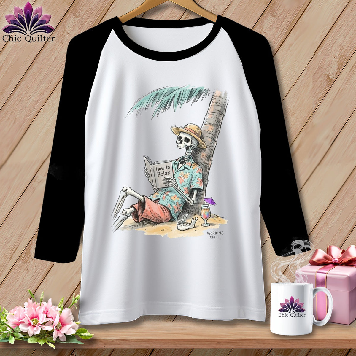 Skeleton reading "How to Relax" on beach with palm tree and cocktail.