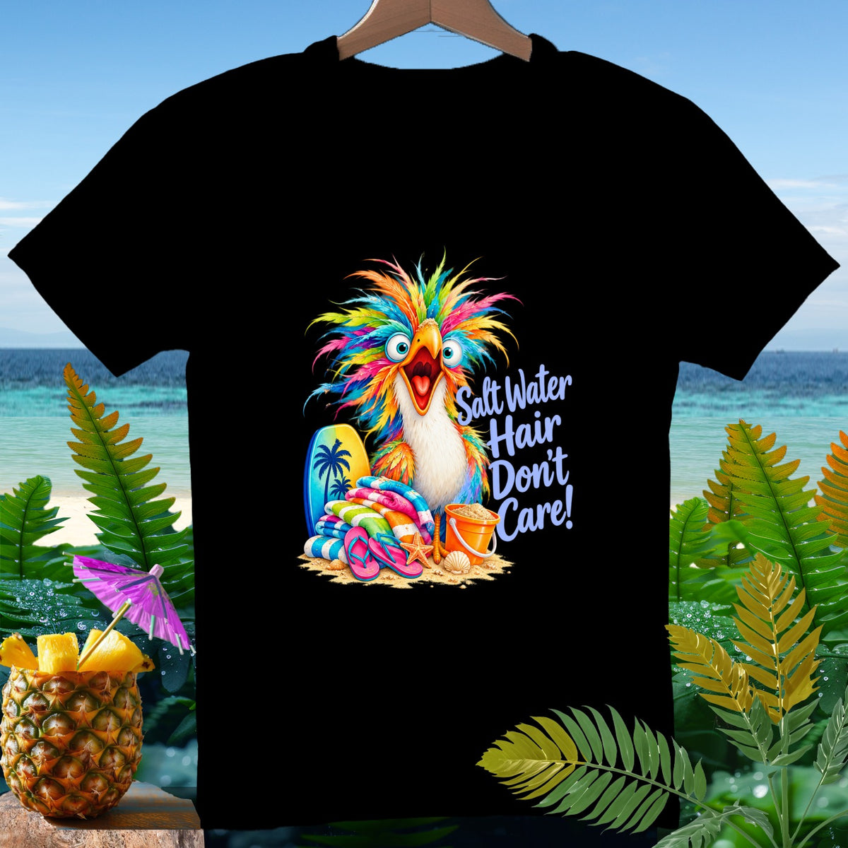 Black t-shirt with colorful bird, beach items, and text "Salt Water Hair Don't Care!".