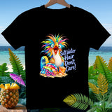 Black t-shirt with colorful bird, beach items, and text 