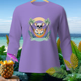 Purple long-sleeve shirt with a graphic of a koala relaxing in a hammock with a drink.