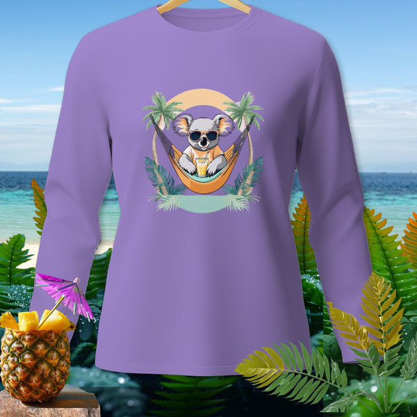Purple long-sleeve shirt with a graphic of a koala relaxing in a hammock with a drink.