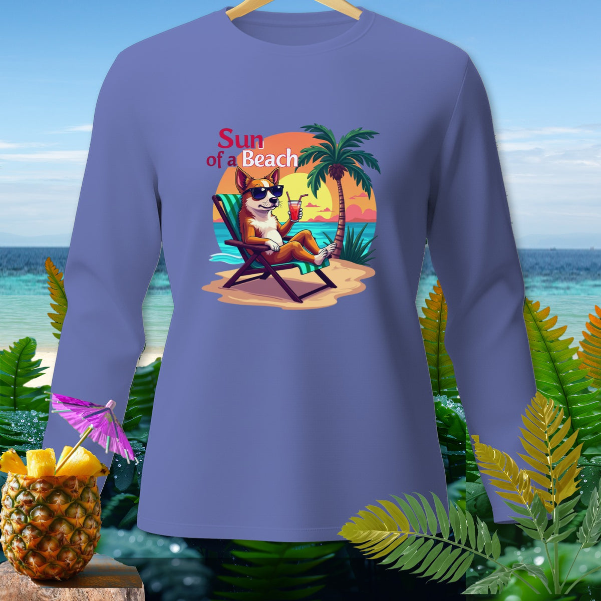 Corgi in sunglasses with drink on beach chair with text "Sun of a Beach."