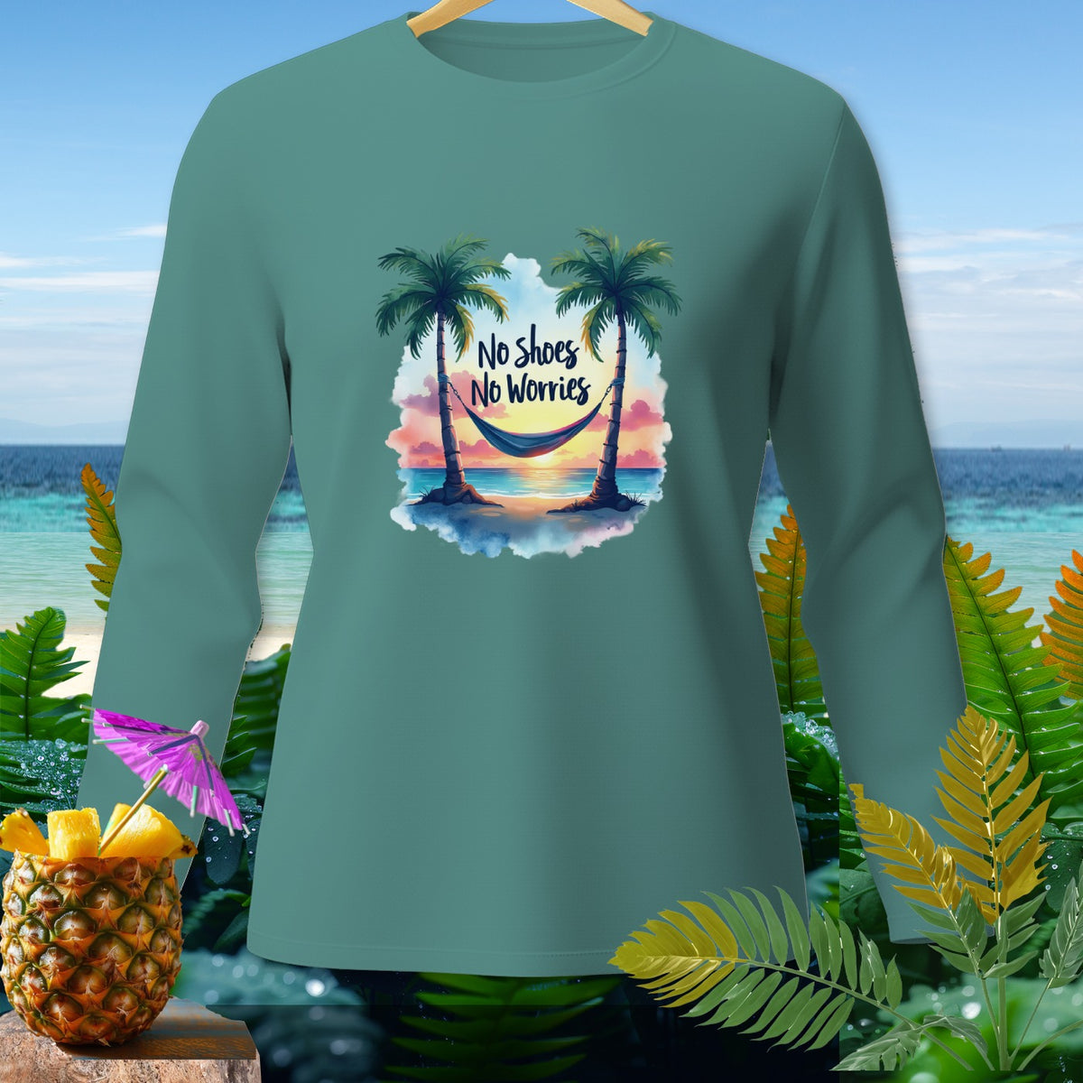 Teal long-sleeve shirt with "No Shoes No Worries" beach graphic.
