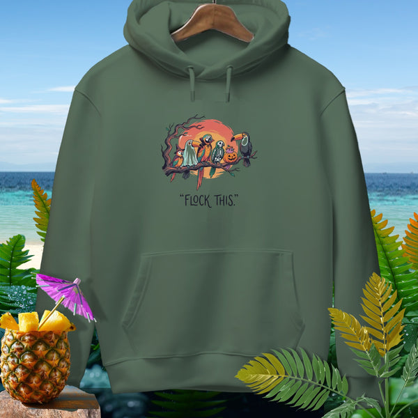 Green hoodie with Halloween-themed birds on a branch and "FLOCK THIS." text.