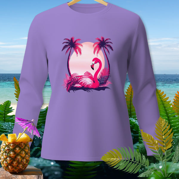 Lavender long-sleeve shirt with a pink flamingo and palm tree graphic.