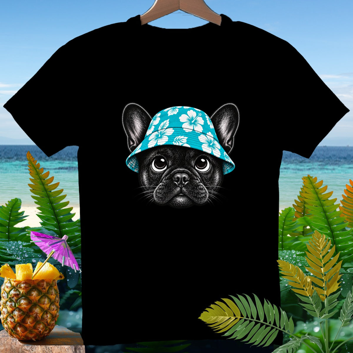 Black t-shirt with a French Bulldog wearing a floral bucket hat.