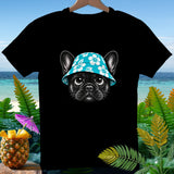 Black t-shirt with a French Bulldog wearing a floral bucket hat.