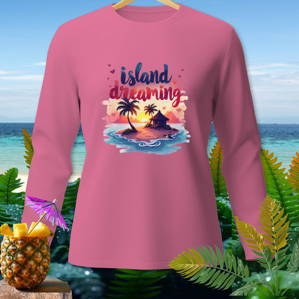Pink long-sleeve shirt with "island dreaming" text and tropical island graphic.