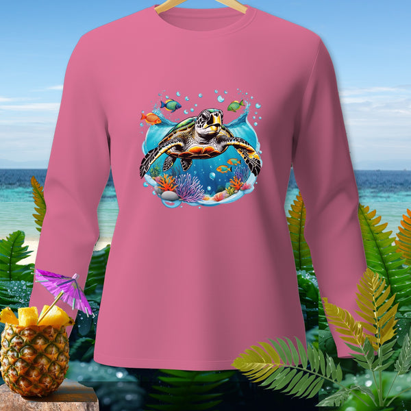 Pink long-sleeve shirt with a graphic of a sea turtle and fish underwater.