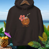 Brown hoodie with a jack-o'-lantern coconut drink graphic and 