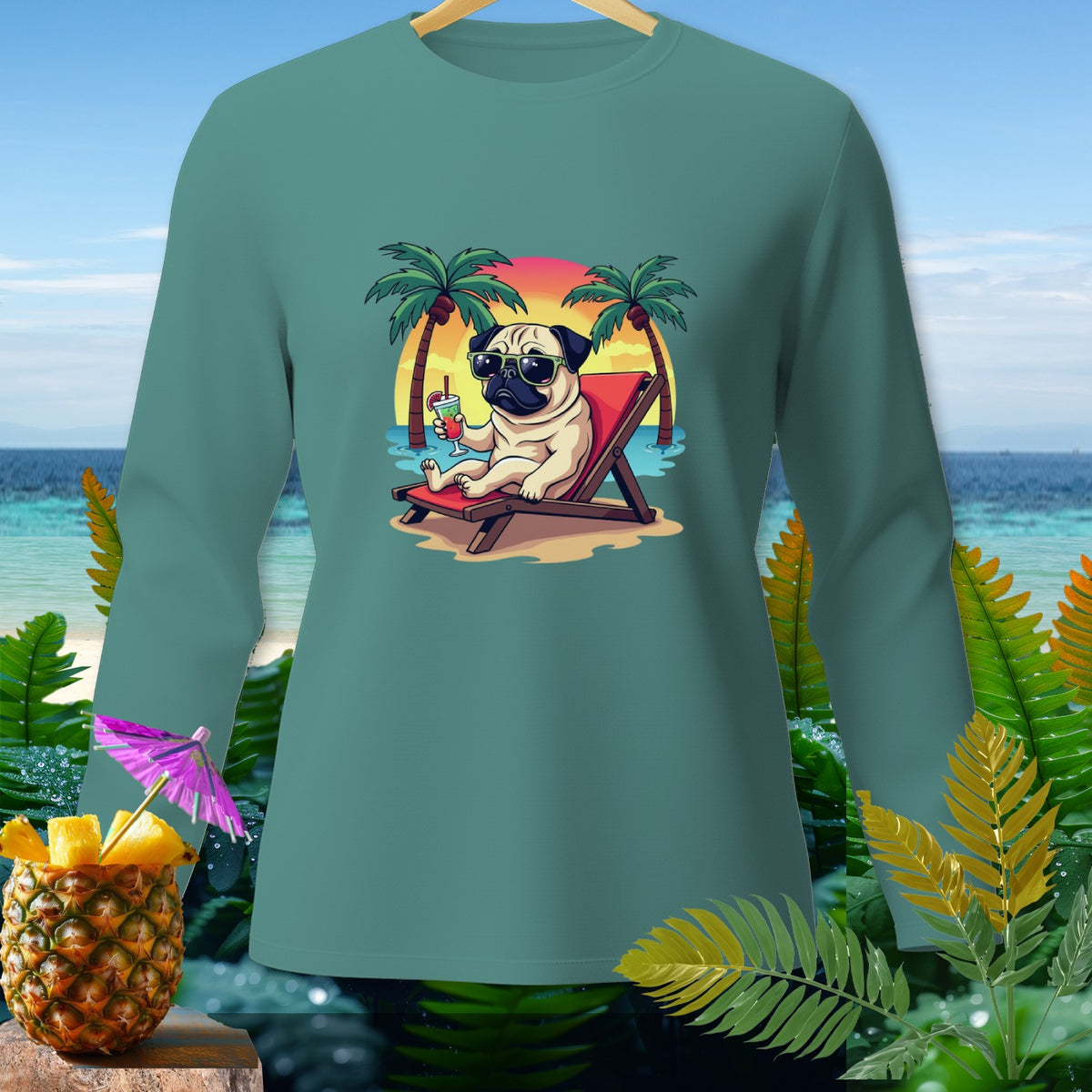 Long-sleeved shirt with a pug relaxing on a beach chair with a drink.