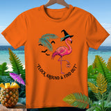 Orange t-shirt with flamingo, witch hat, bats, and 