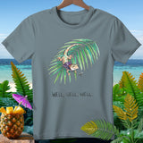 Watercolor gecko on a palm frond with text 