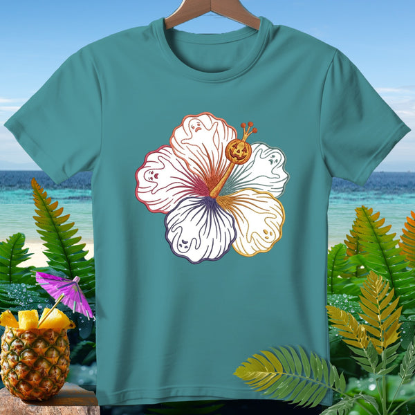 Teal t-shirt with hibiscus and jack-o'-lantern ghost design on beach background.