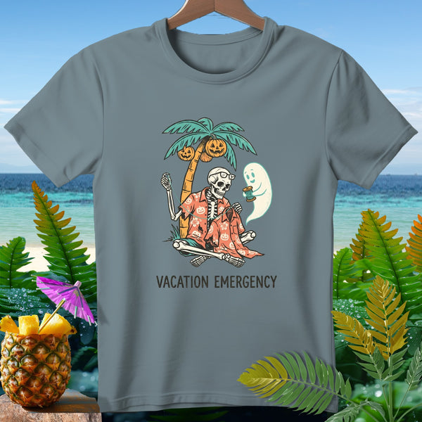 Skeleton sewing with a ghost under a palm tree with pumpkins; text "VACATION EMERGENCY".