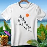 White t-shirt with black palm trees, orange sun, and tropical background.