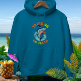 Teal hoodie with Halloween shark graphic and 