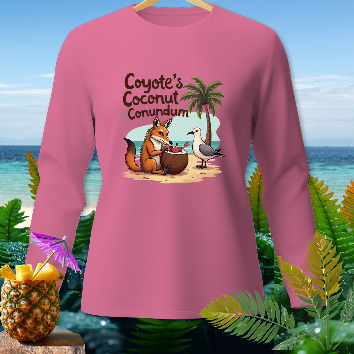 Pink long sleeve shirt with a graphic of a fox, crab, seagull, and text.