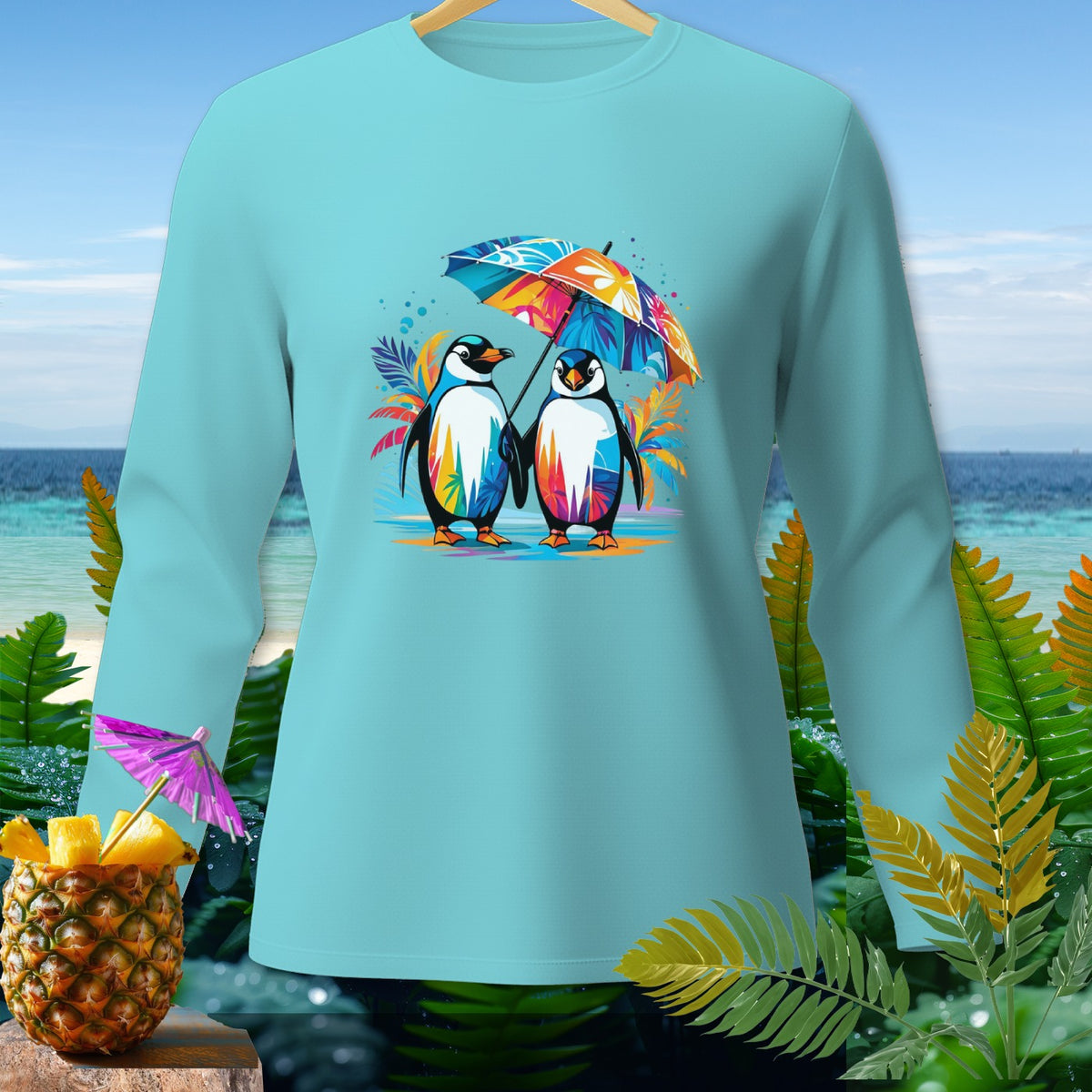 Light blue long-sleeve shirt with two penguins under a colorful umbrella.