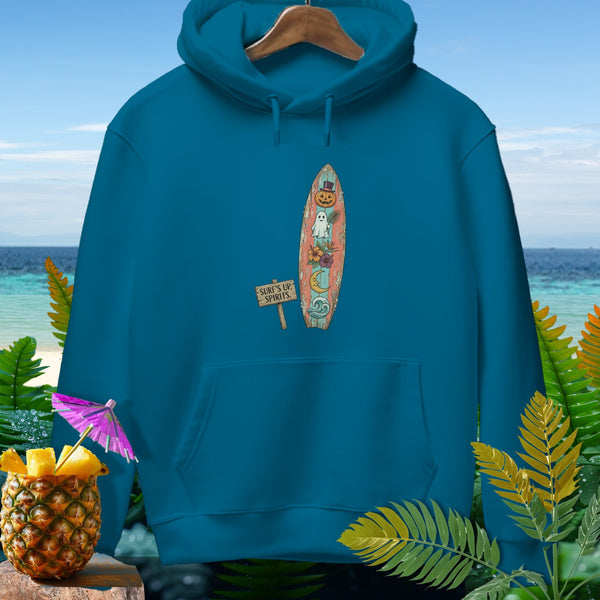 Teal hoodie with surfboard graphic featuring pumpkin, ghost, moon, and text "Surf's Up, Spirits."