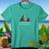 Teal t-shirt with mountains, ocean, and 