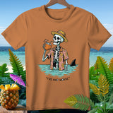 Orange t-shirt with skeleton in Hawaiian shirt drinking coconut, shark fin visible.